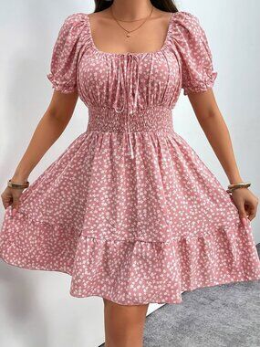 Smocked Pink Floral Square-Neck Dress